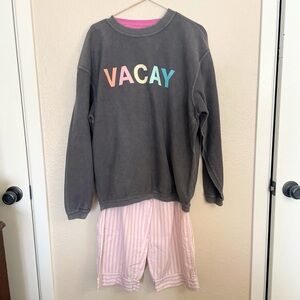 Cozy Pink Striped Pajama Lounge Set | Tee + VACAY Crewneck | M/L